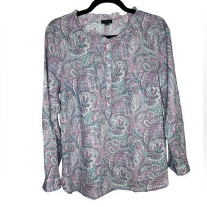 Talbots Women's Purple Paisley Ruffle Neck Henley Cotton Popover Size LP